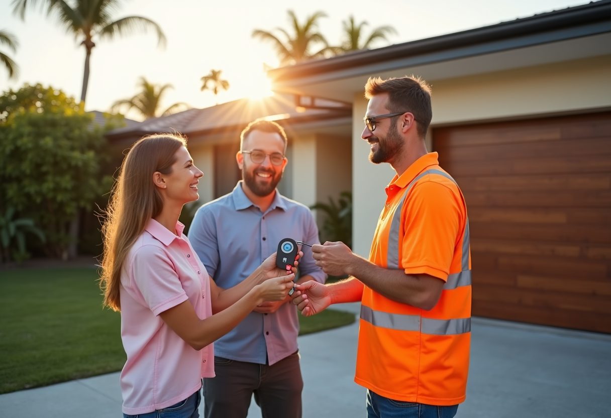 Technician handing over a garage remote at sunset — Rocklea