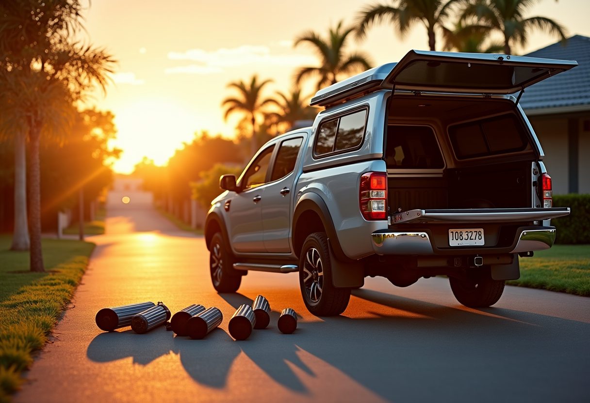 Technician ute with parts laid out at sunset — Rocklea